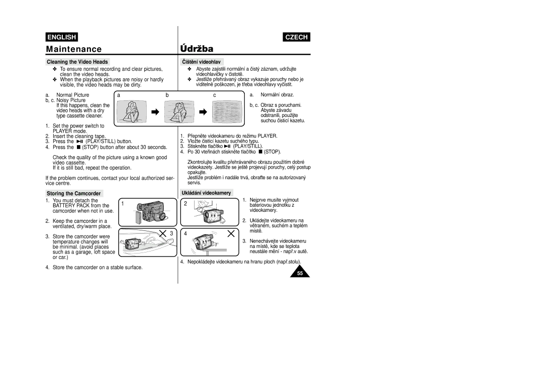 Samsung VP-W87D, VP-W80 manual Cleaning the Video Heads, Âi‰tûní videohlav, Storing the Camcorder, Ukládání videokamery 