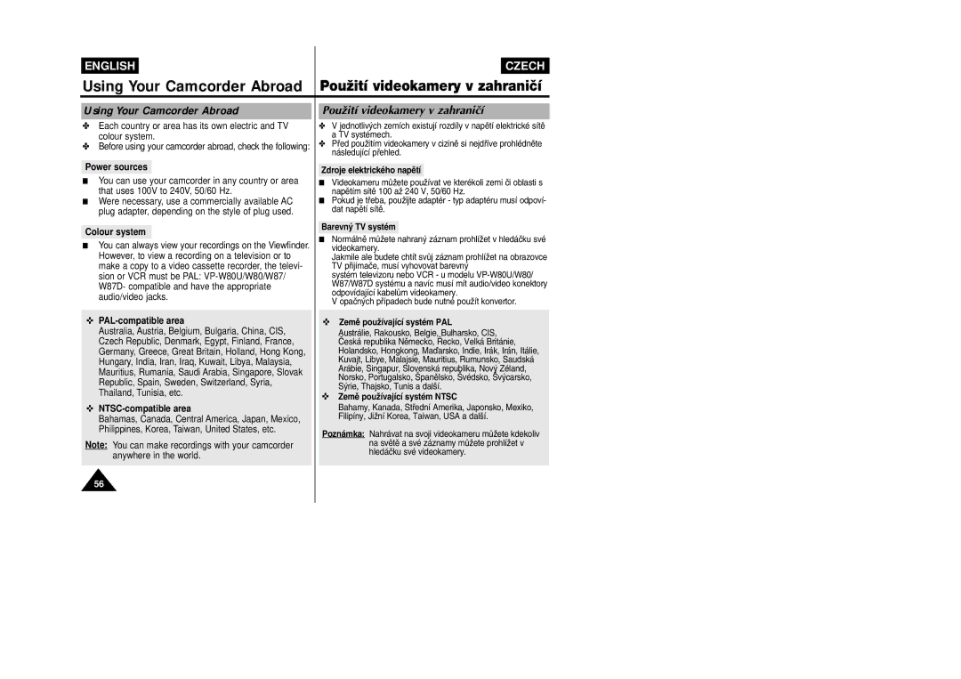 Samsung VP-W80, VP-W87D manual Using Your Camcorder Abroad, PouÏití videokamery v zahraniãí 
