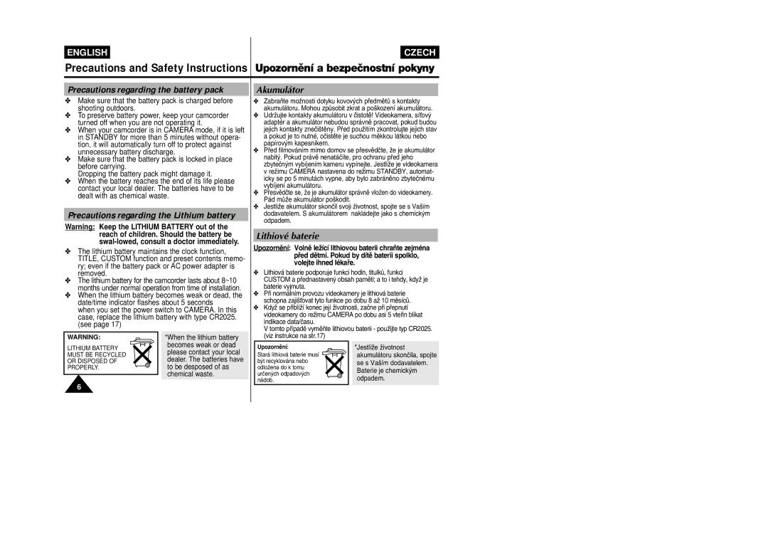 Samsung VP-W80, VP-W87D manual Precautions regarding the battery pack, Precautions regarding the Lithium battery, Akumulátor 