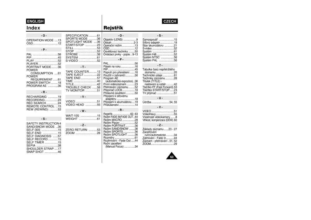 Samsung VP-W87D, VP-W80 manual Specification Operation Mode 