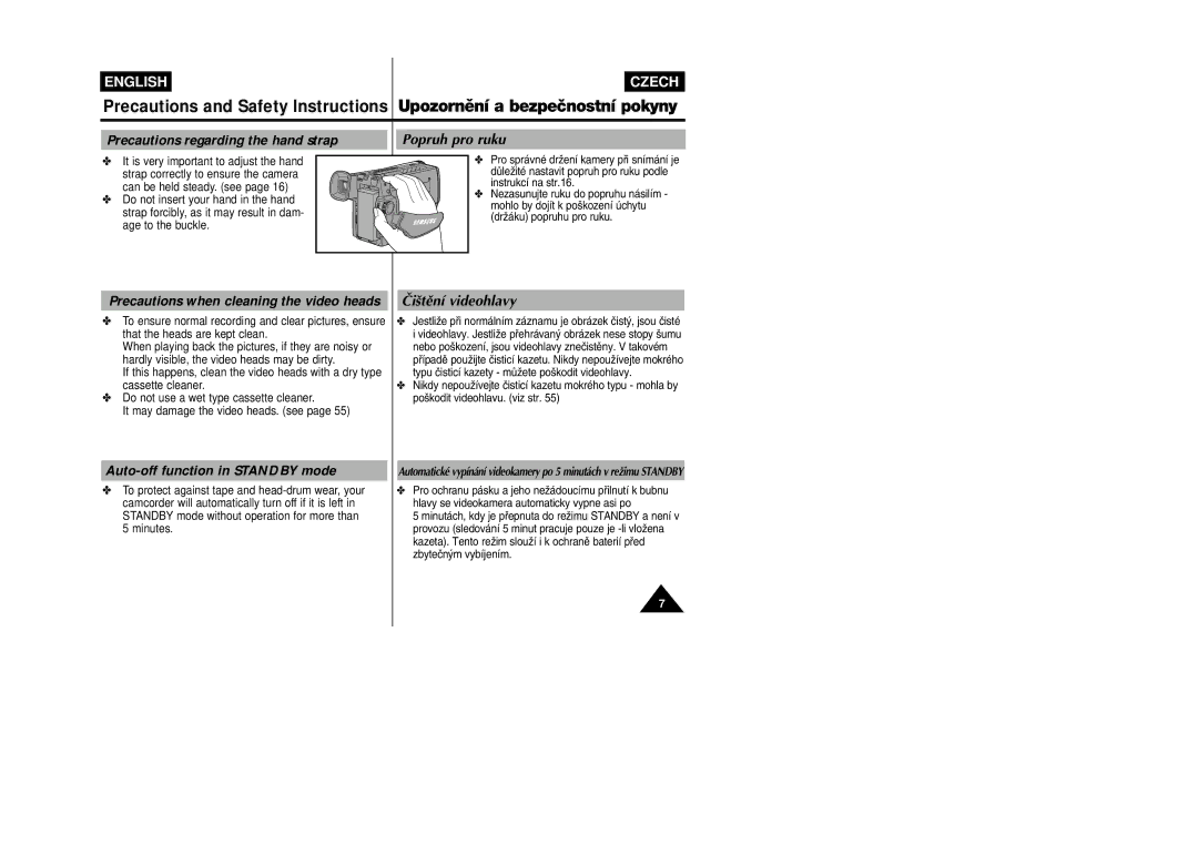 Samsung VP-W87D, VP-W80 Precautions regarding the hand strap, Popruh pro ruku, Precautions when cleaning the video heads 