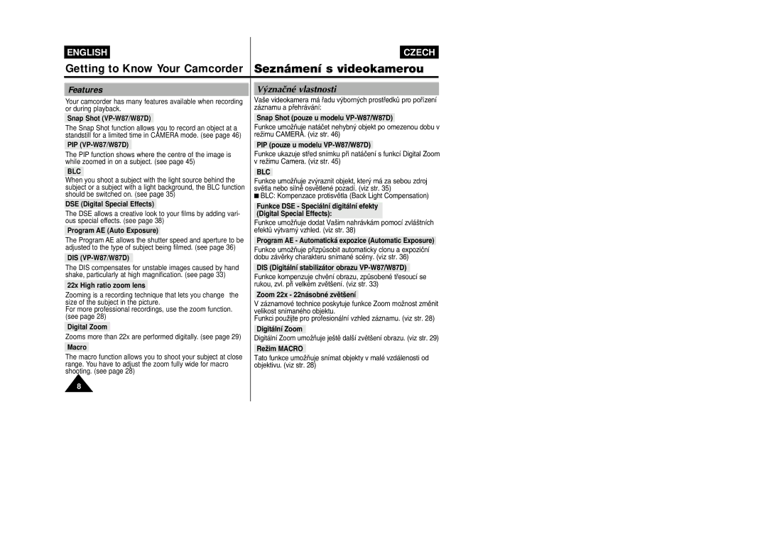 Samsung VP-W80, VP-W87D manual Seznámení s videokamerou, Features, ˘znaãné vlastnosti, Blc 