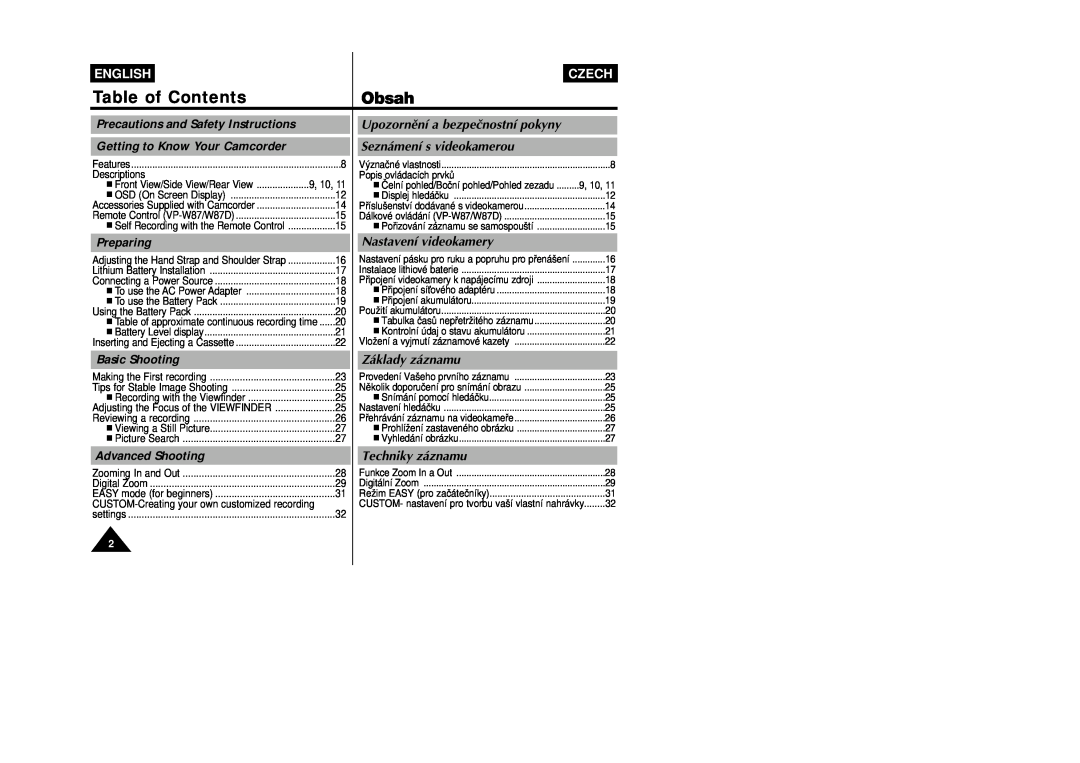 Samsung VP-W80 Table of Contents, Obsah, Precautions and Safety Instructions, Getting to Know Your Camcorder, Preparing 