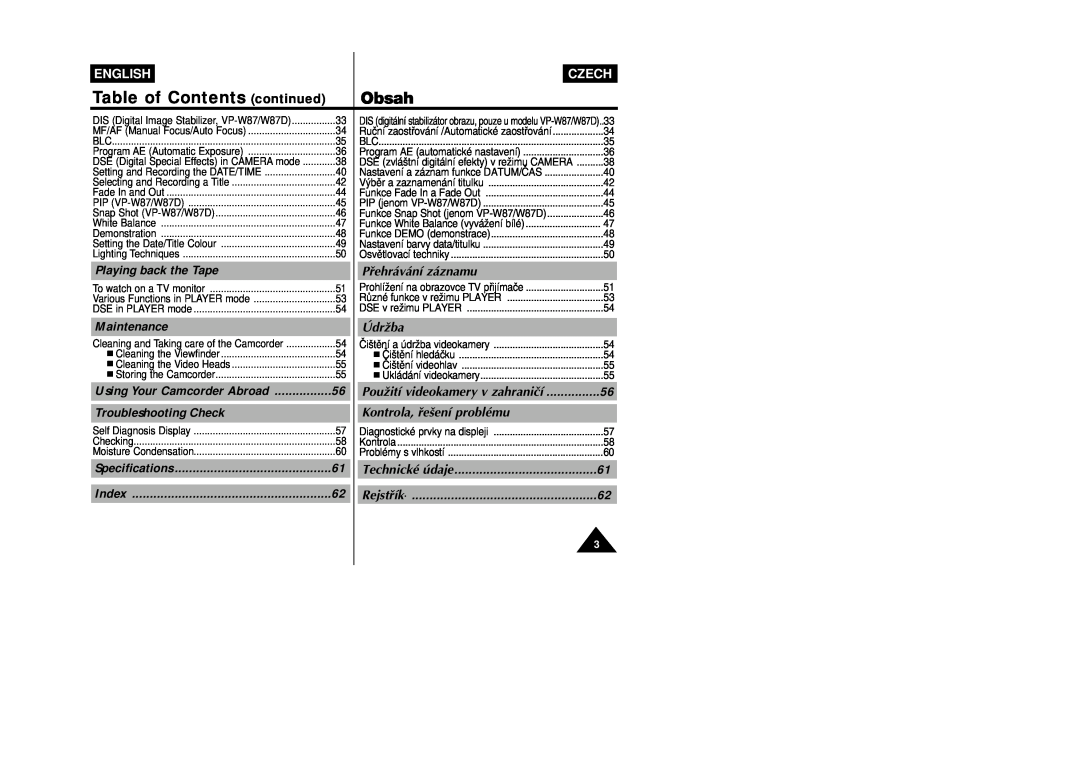 Samsung VP-W87D Table of Contents continued, Playing back the Tape, Maintenance, Troubleshooting Check, Pﬁehrávání záznamu 