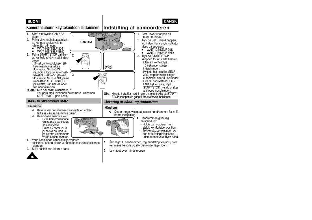Samsung VP-W80/XEE manual Käsi- ja olkahihnan säätö, Camera, WAIT-10S/SELF-30S WAIT-10S/SELF-END, Käsihihna, Håndrem 