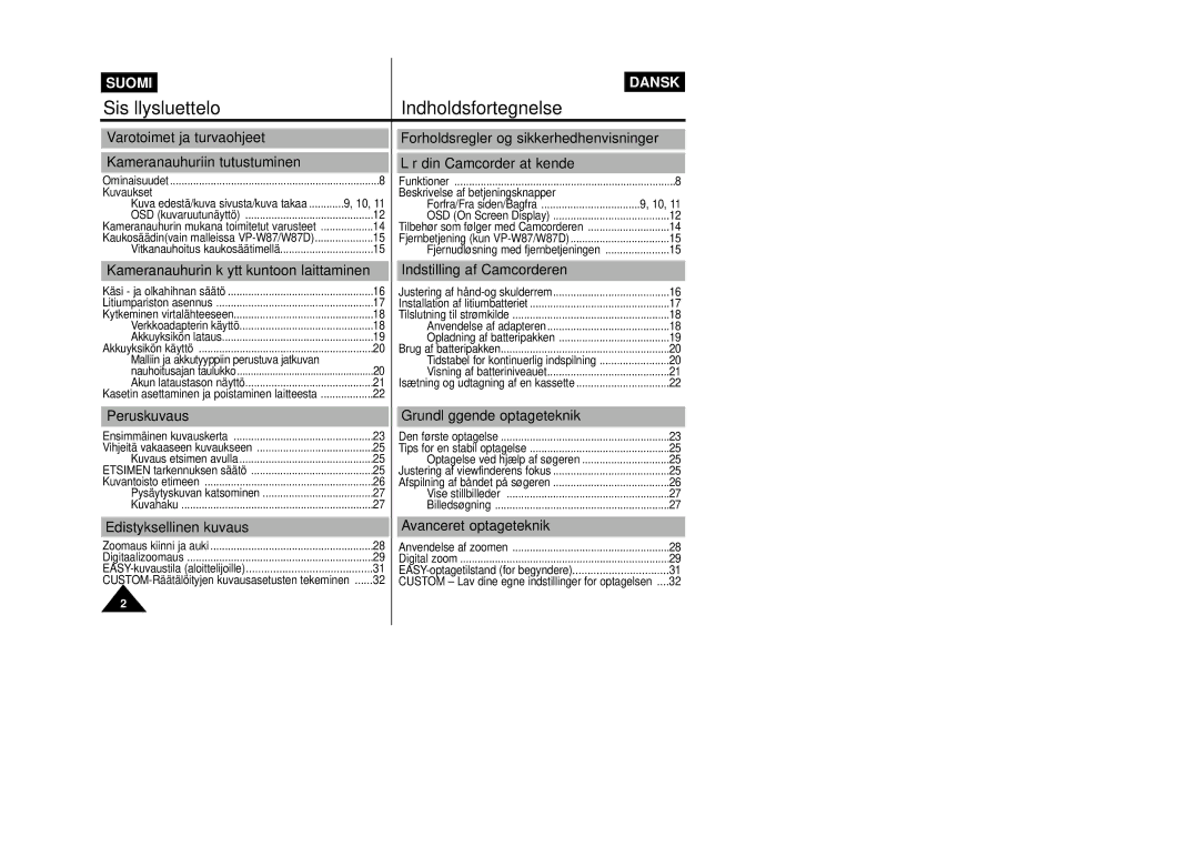 Samsung VP-W80/XEE manual SisällysluetteloIndholdsfortegnelse, Varotoimet ja turvaohjeet Kameranauhuriin tutustuminen 