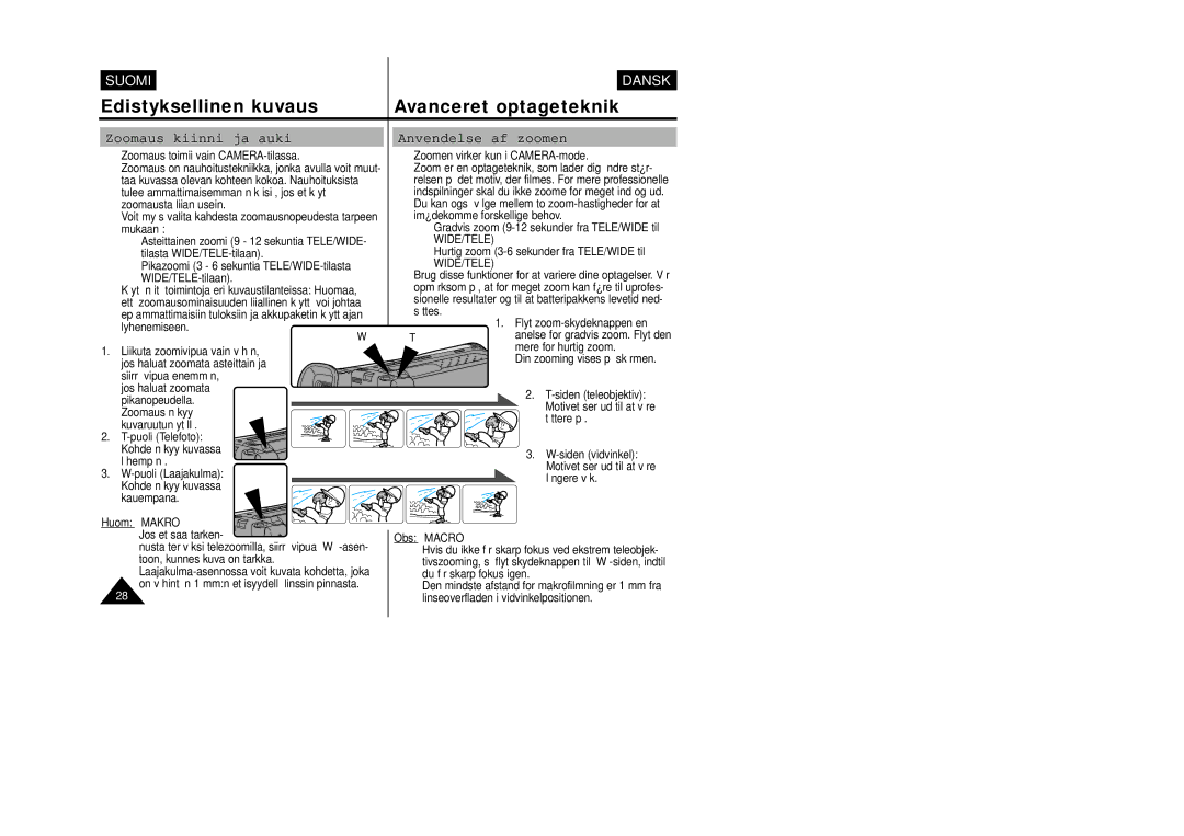 Samsung VP-W80/XEE manual Zoomaus kiinni ja auki, Anvendelse af zoomen, Huom Makro Jos et saa tarken, Obs Macro 