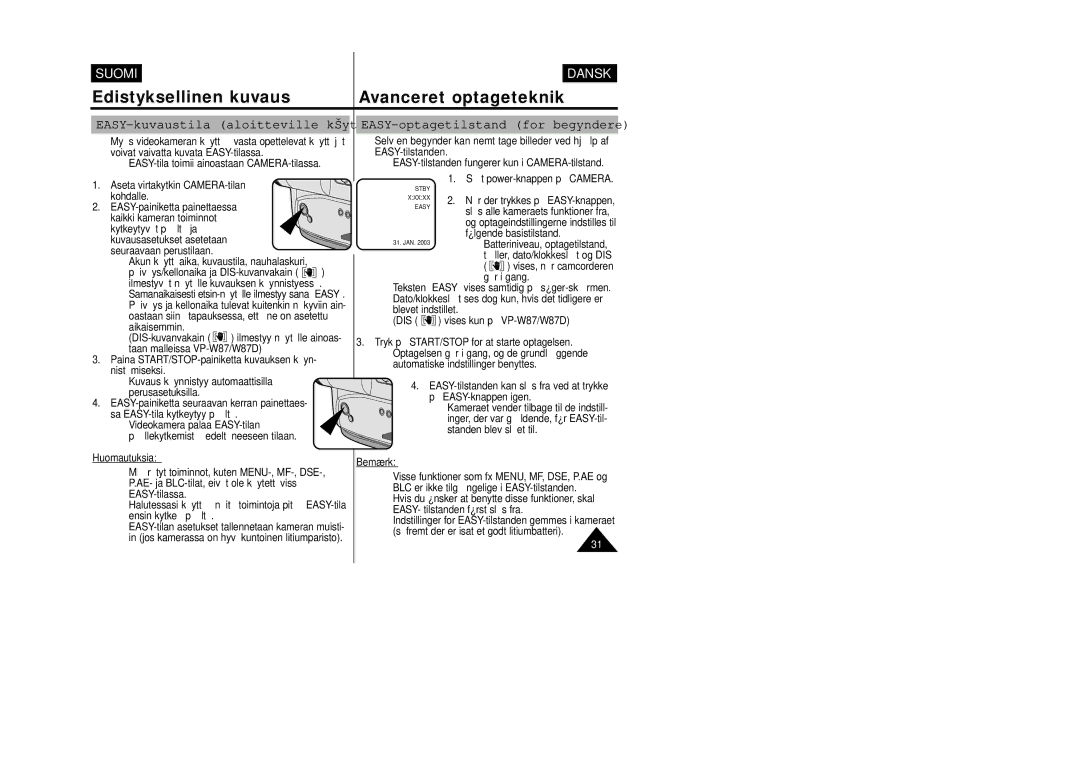 Samsung VP-W80/XEE manual EASY-kuvaustila aloitteville käyttäjille, EASY-optagetilstand for begyndere 