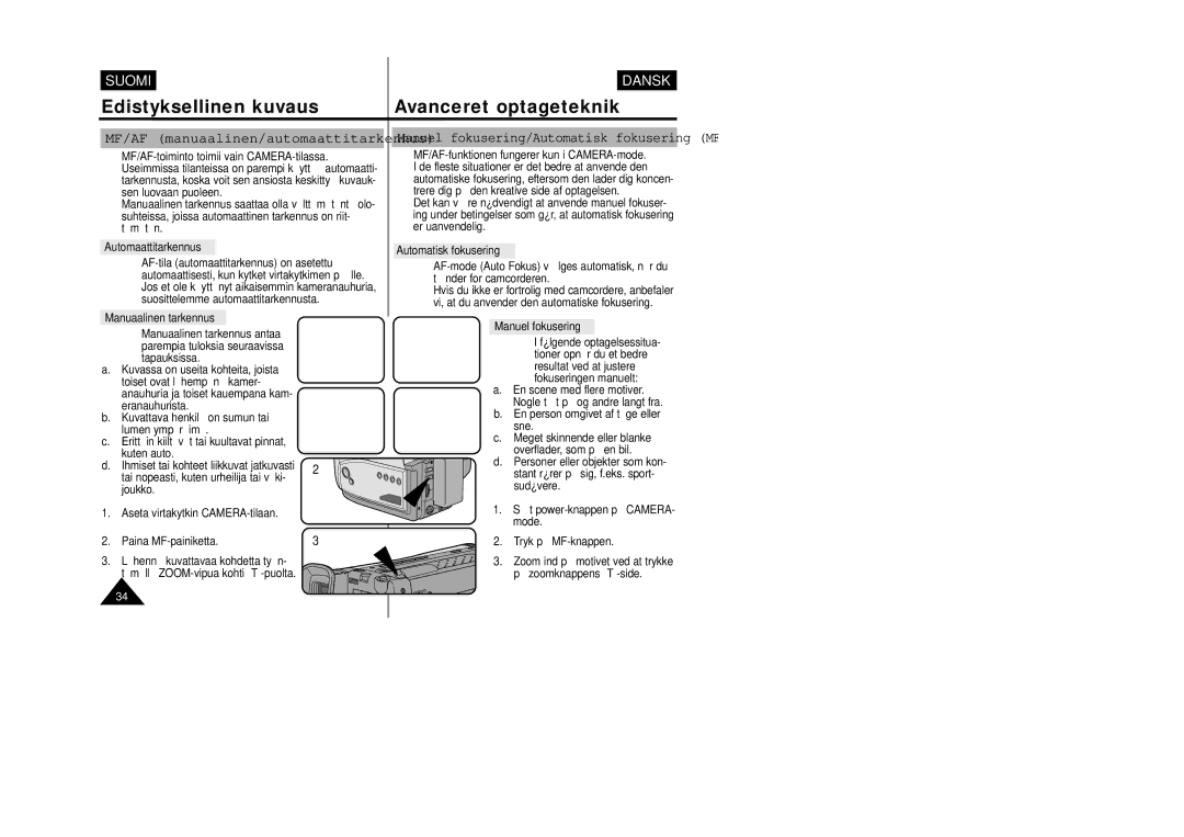 Samsung VP-W80/XEE MF/AF manuaalinen/automaattitarkennus, Automaattitarkennus, Manuaalinen tarkennus, Manuel fokusering 