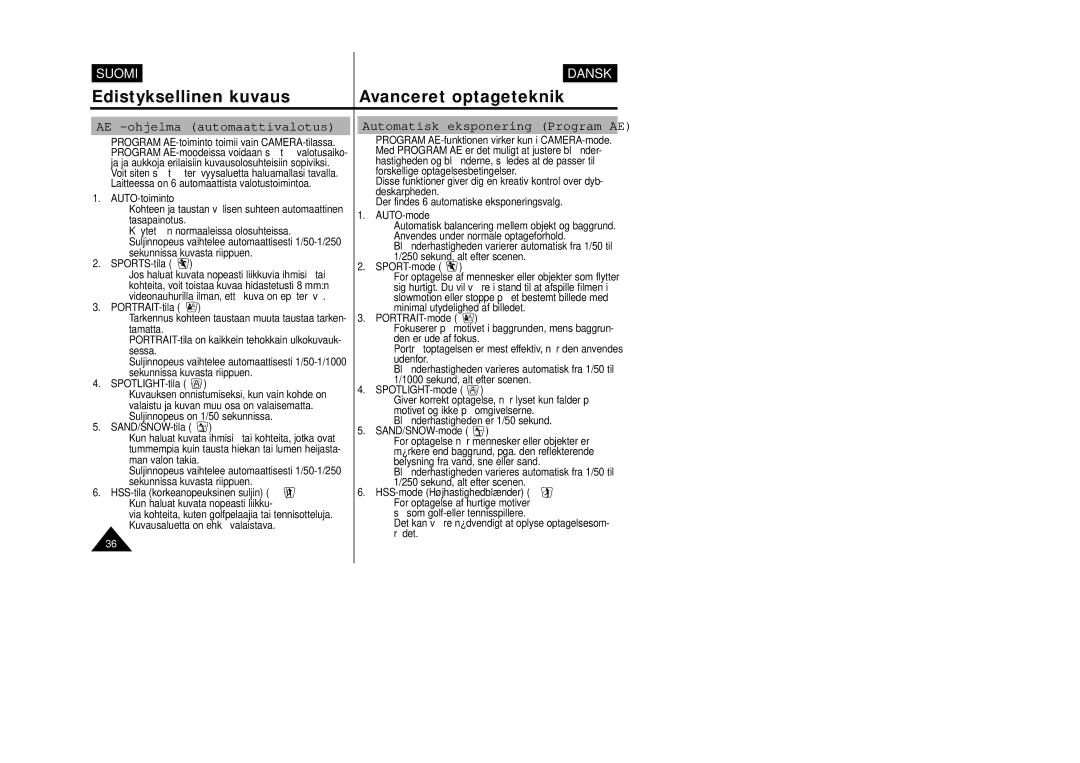 Samsung VP-W80/XEE manual AE -ohjelma automaattivalotus, Automatisk eksponering Program AE 