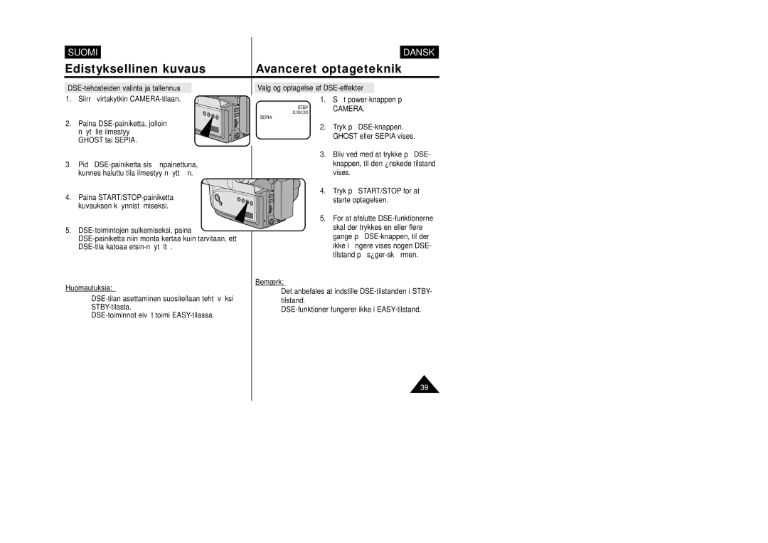 Samsung VP-W80/XEE manual DSE-tehosteiden valinta ja tallennus, Valg og optagelse af DSE-effekter, Sæt power-knappen på 