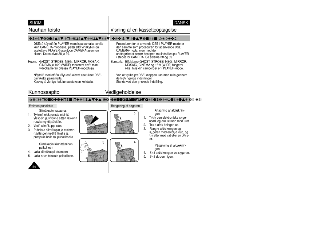 Samsung VP-W80/XEE manual KunnossapitoVedligeholdelse, Kameranauhurin puhdistus ja kunnossapito 