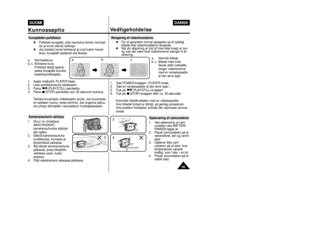 Samsung VP-W80/XEE manual Kuvapäiden puhdistus, Kameranauhurin säilytys, Akkuyksikkö, Rengøring af videohovederne 