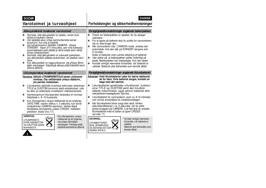 Samsung VP-W80/XEE manual Akkuyksikköä koskevat varotoimet, Litiumparistoa koskevat varotoimet 