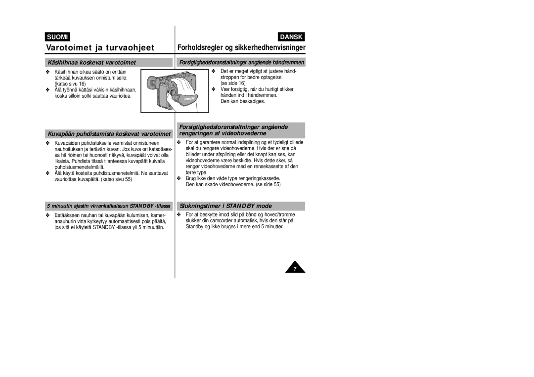 Samsung VP-W80/XEE manual Käsihihnaa koskevat varotoimet, Slukningstimer i Standby mode 