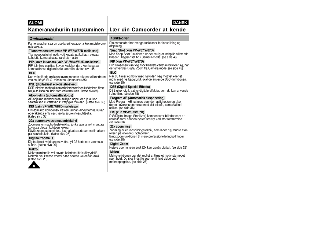 Samsung VP-W80/XEE manual Ominaisuudet, Funktioner, Blc 