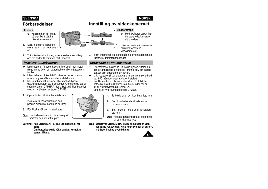 Samsung VP-W80/XEE manual Installera litiumbatteriet, Installasion av litiumbatteriet, Axelrem, Skulderstropp 