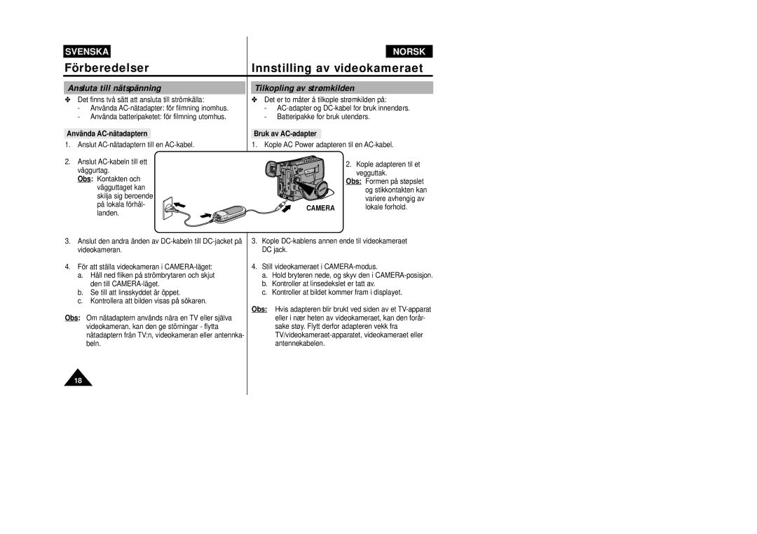 Samsung VP-W80/XEE manual Ansluta till nätspänning, Tilkopling av strømkilden, Använda AC-nätadaptern, Bruk av AC-adapter 