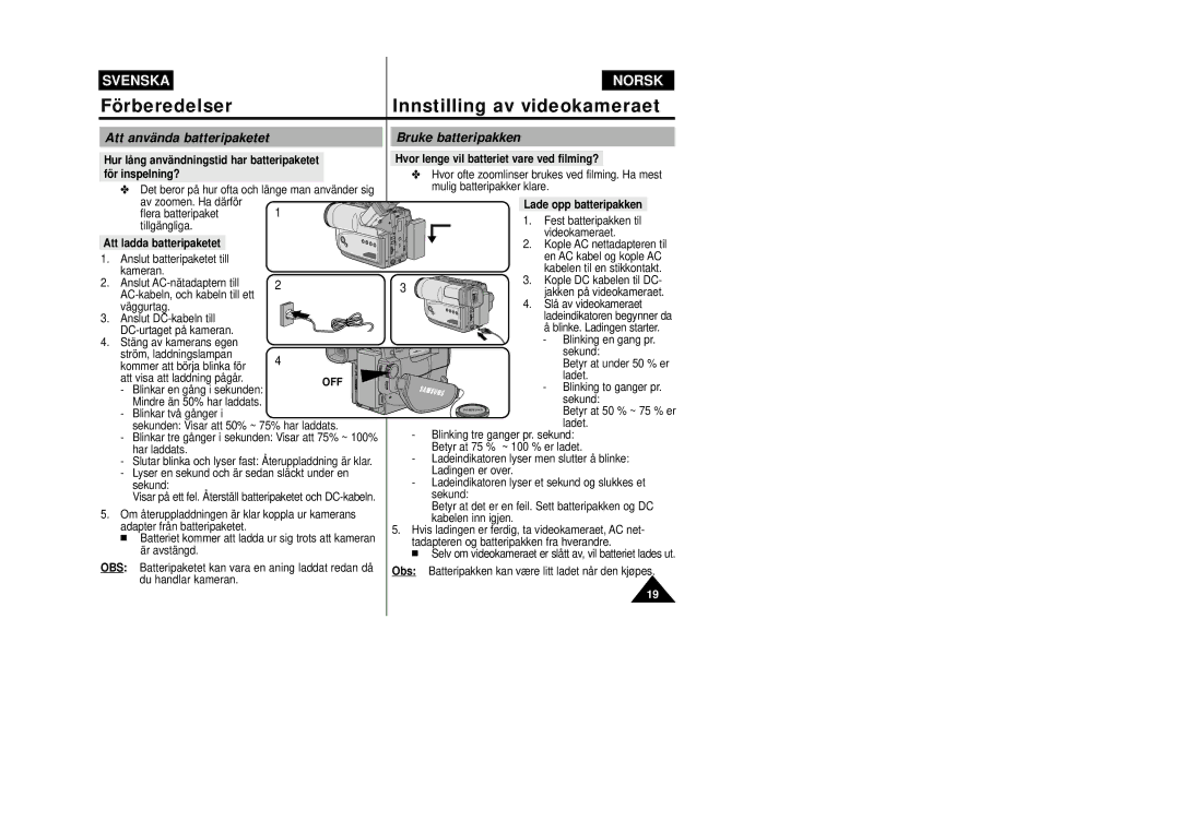 Samsung VP-W80/XEE manual Att använda batteripaketet, Bruke batteripakken, Off 