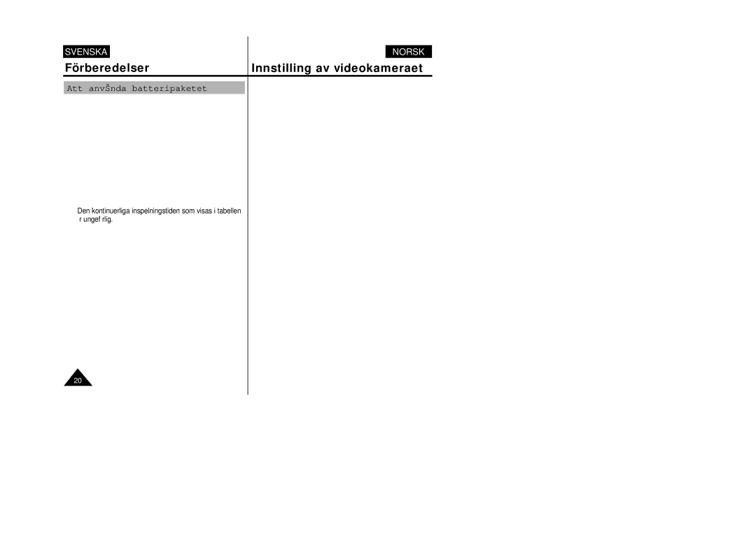 Samsung VP-W80/XEE manual Bruk av batteripakken, Tidtabell over opptakstid baseret på modell og batteri type, Anmärkningar 