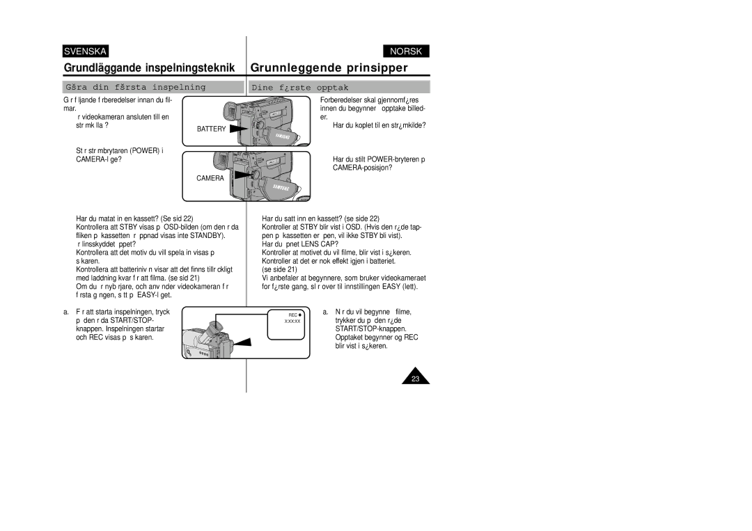 Samsung VP-W80/XEE manual Göra din första inspelning, Dine første opptak, Battery 