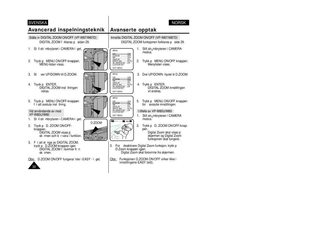 Samsung VP-W80/XEE manual Ställa in Digital Zoom ON/OFF VP-W87/W87D, Innstille Digital Zoom ON/OFF VP-W87/W87D 