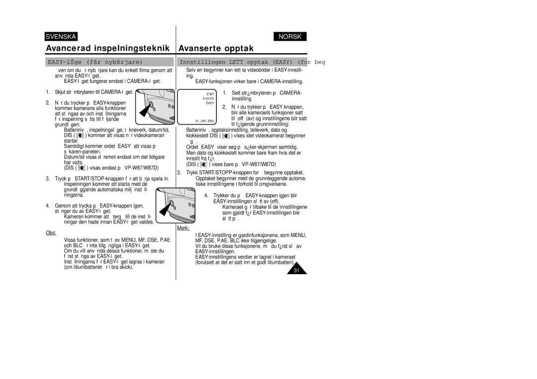 Samsung VP-W80/XEE manual EASY-läge för nybörjare, Innstillingen Lett opptak Easy for begynnere, Obs, Merk 