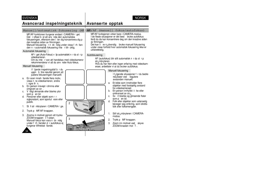 Samsung VP-W80/XEE manual Manuell/automatisk fokusering MF/AF, MF/AF manuell fokus/autofokus, Automatisk fokusering 