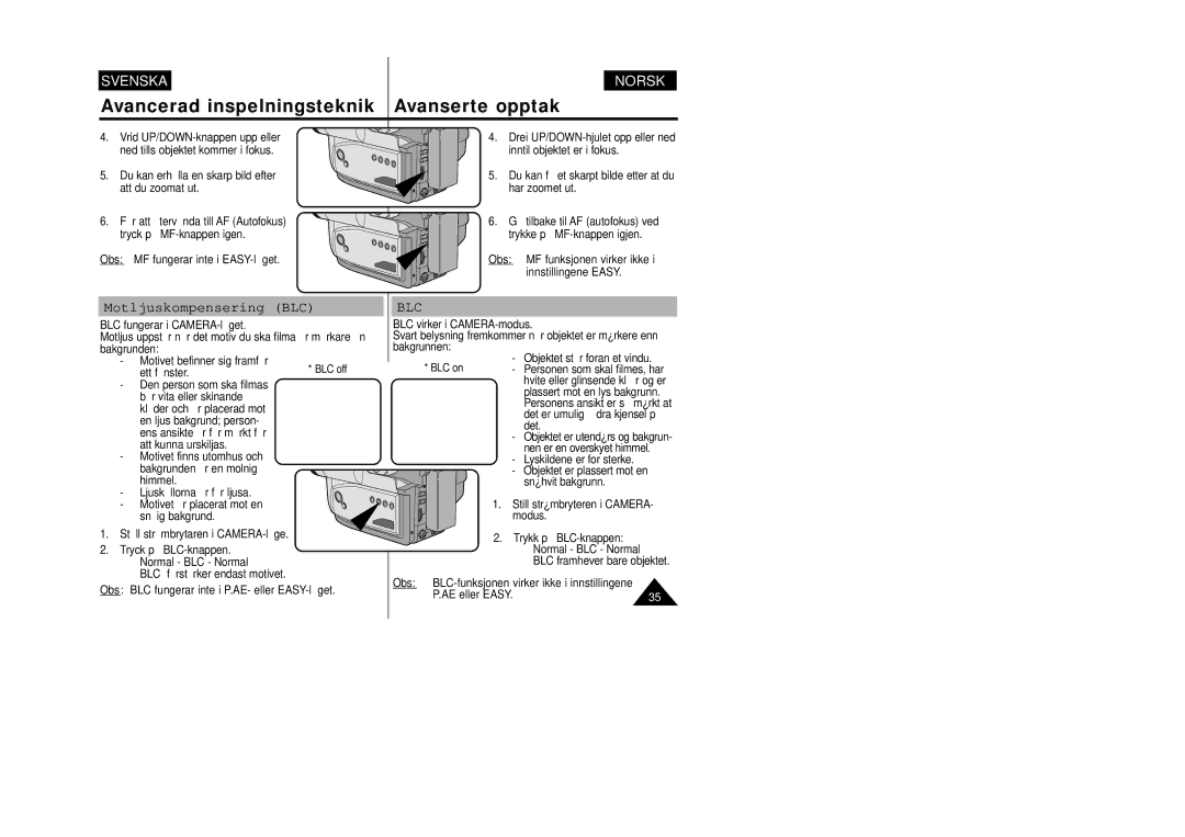 Samsung VP-W80/XEE manual Motljuskompensering BLC, Obs BLC on 