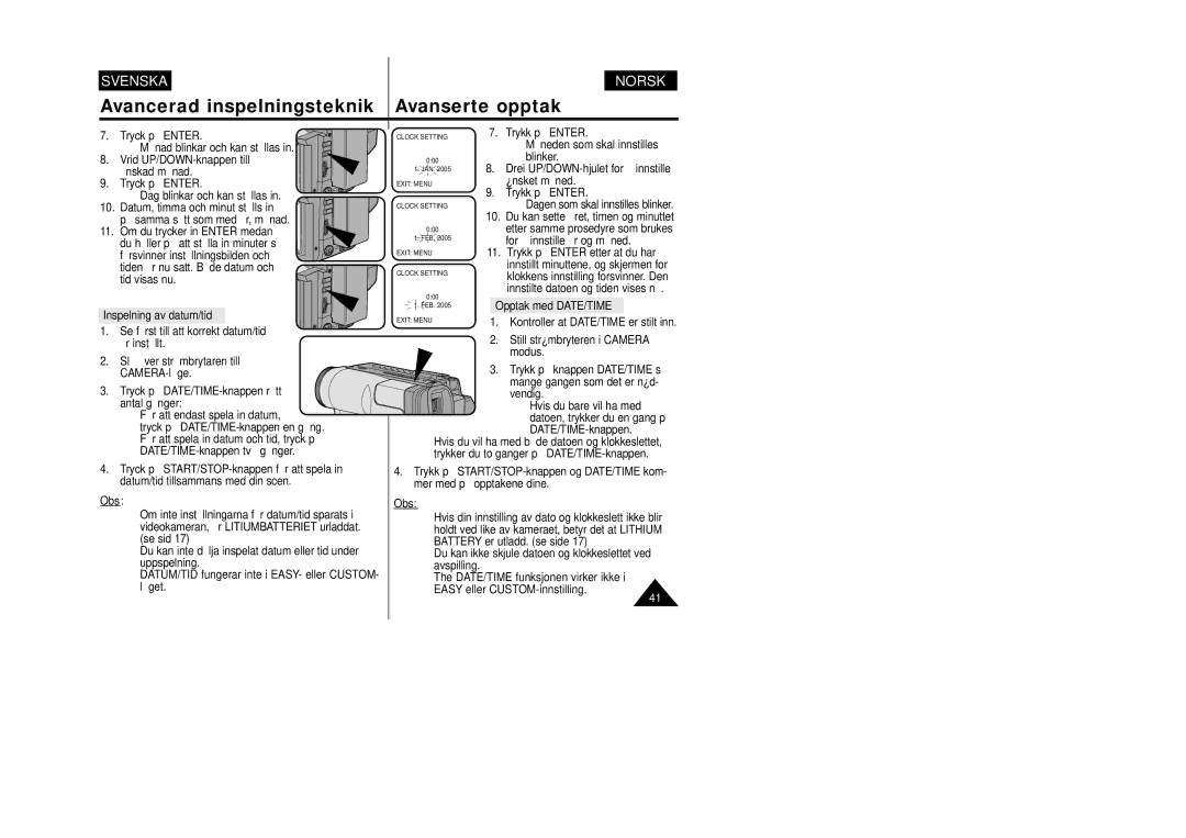 Samsung VP-W80/XEE manual Inspelning av datum/tid, Opptak med DATE/TIME 