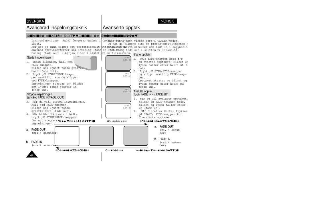 Samsung VP-W80/XEE manual Använda in-och borttoning av bilden Fade Fade inn og ut, Fade OUT 