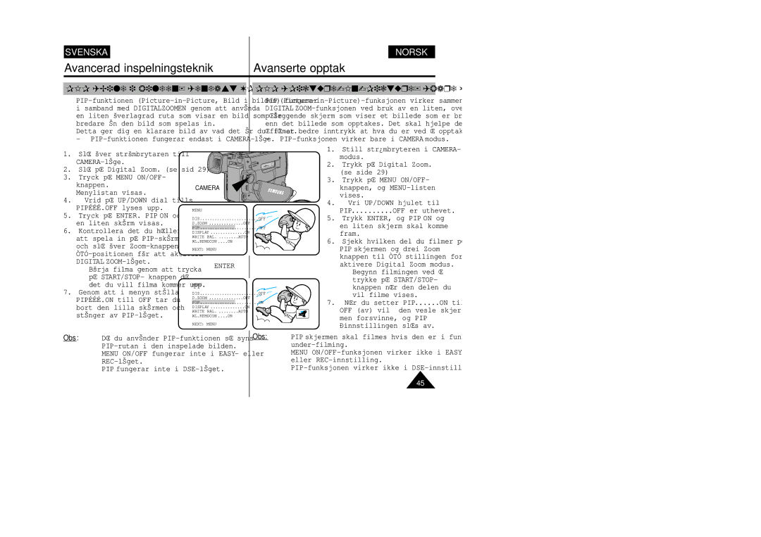 Samsung VP-W80/XEE manual PIP Bild i bilden endast VP-W87/W87D, PIP Picture-In-Picture bare VP-W87/W87D 