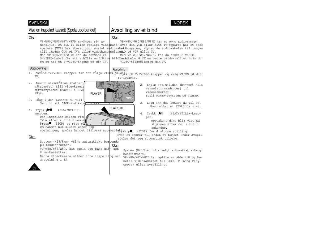 Samsung VP-W80/XEE manual Uppspelning, Avspilling, Play/Still 