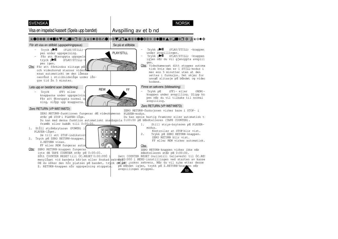 Samsung VP-W80/XEE manual Olika funktioner i PLAYER-läget, Forskjellige funksjoner i PLAYER-modus 