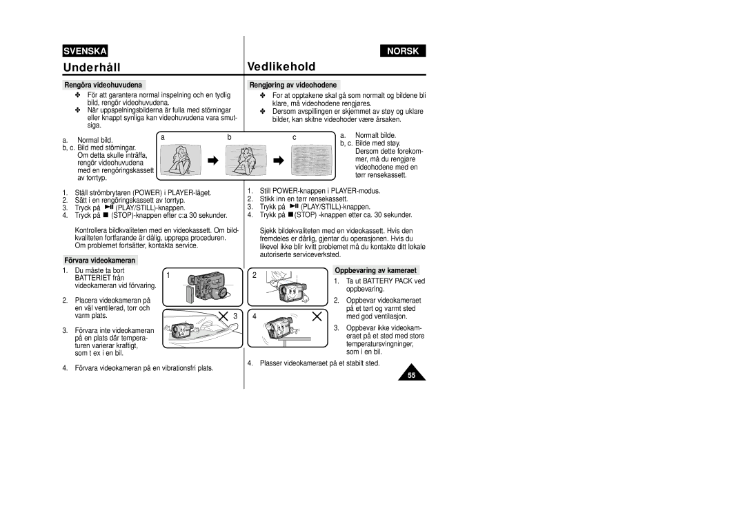 Samsung VP-W80/XEE manual Rengöra videohuvudena, Förvara videokameran, Rengjøring av videohodene, Oppbevaring av kameraet 