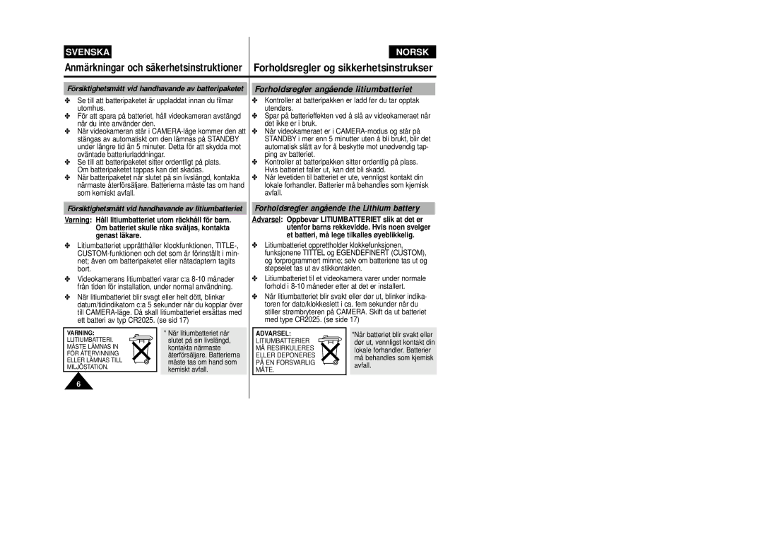 Samsung VP-W80/XEE manual Forholdsregler angående litiumbatteriet, Forholdsregler angående the Lithium battery 