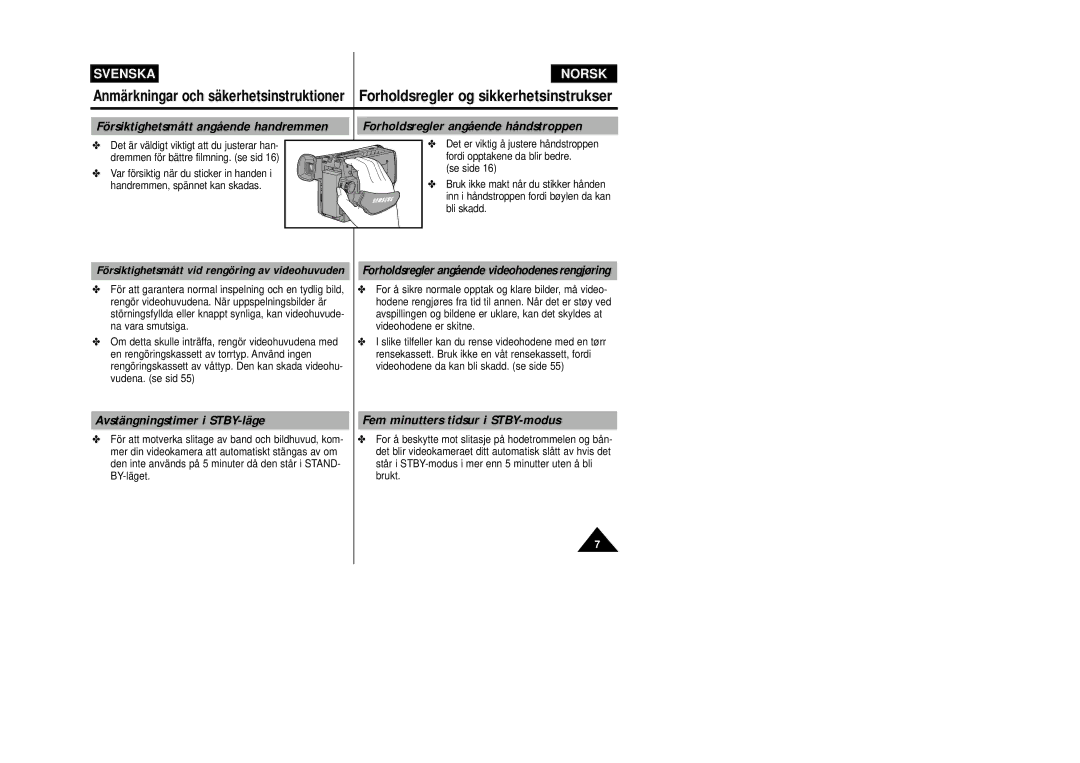 Samsung VP-W80/XEE manual Försiktighetsmått angående handremmen, Forholdsregler angående håndstroppen 