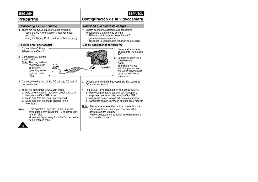 Samsung VP-W87/SEO manual Connecting a Power Source, Conexión a la fuente de energía, To use the AC Power Adapter, Nota 