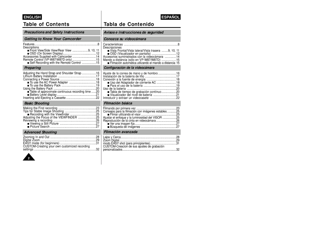 Samsung VP-W87/SEO, VP-W87/XEV manual Table of Contents Tabla de Contenido 