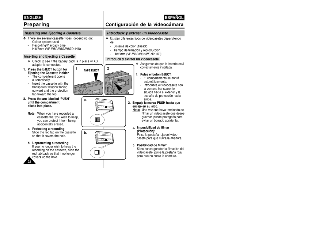 Samsung VP-W87/SEO, VP-W87/XEV manual Inserting and Ejecting a Cassette, Introducir y extraer un videocasete 