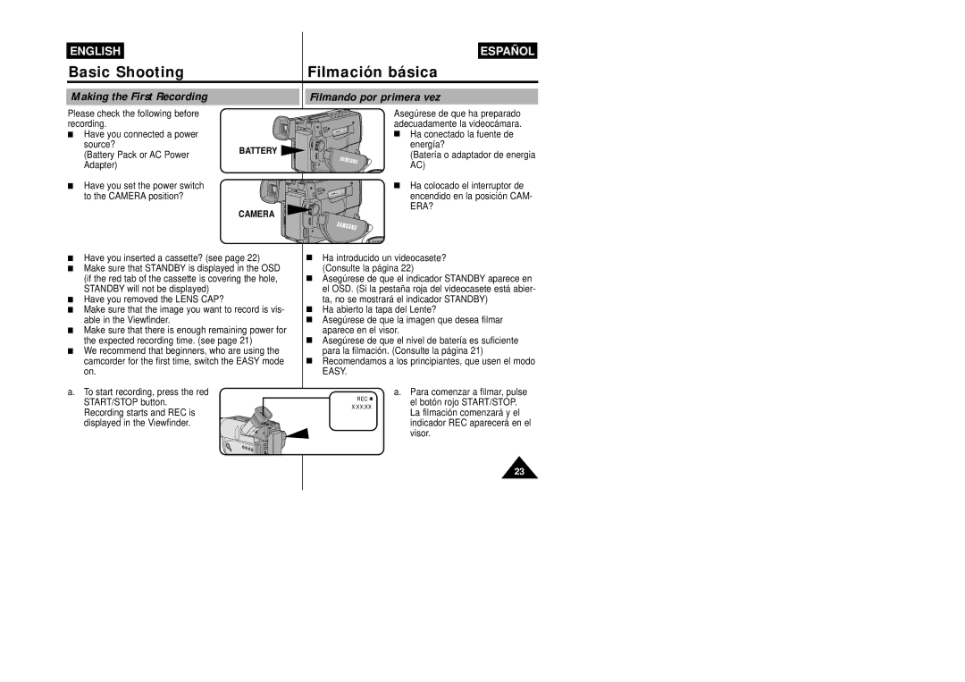 Samsung VP-W87/XEV Basic Shooting Filmación básica, Making the First Recording, Filmando por primera vez, Battery Camera 