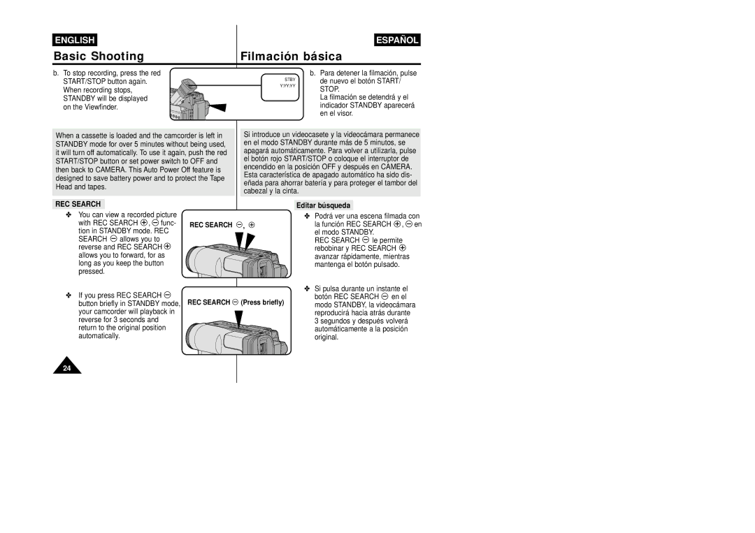 Samsung VP-W87/SEO manual To stop recording, press the red START/STOP button again, REC Search, Tion in Standby mode. REC 