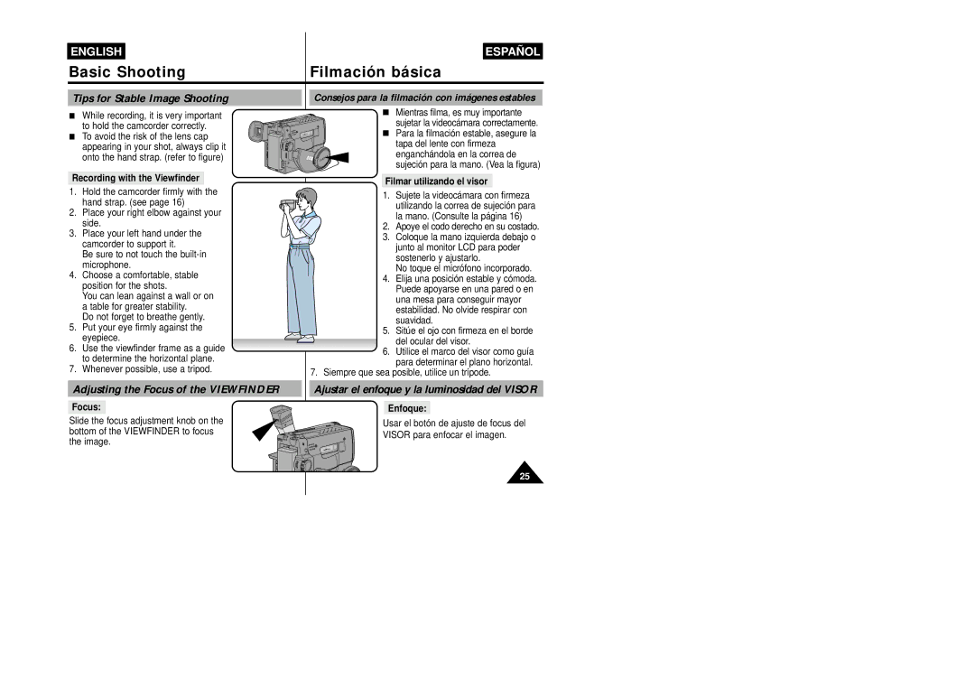 Samsung VP-W87/XEV, VP-W87/SEO manual Adjusting the Focus of the Viewfinder, Ajustar el enfoque y la luminosidad del Visor 