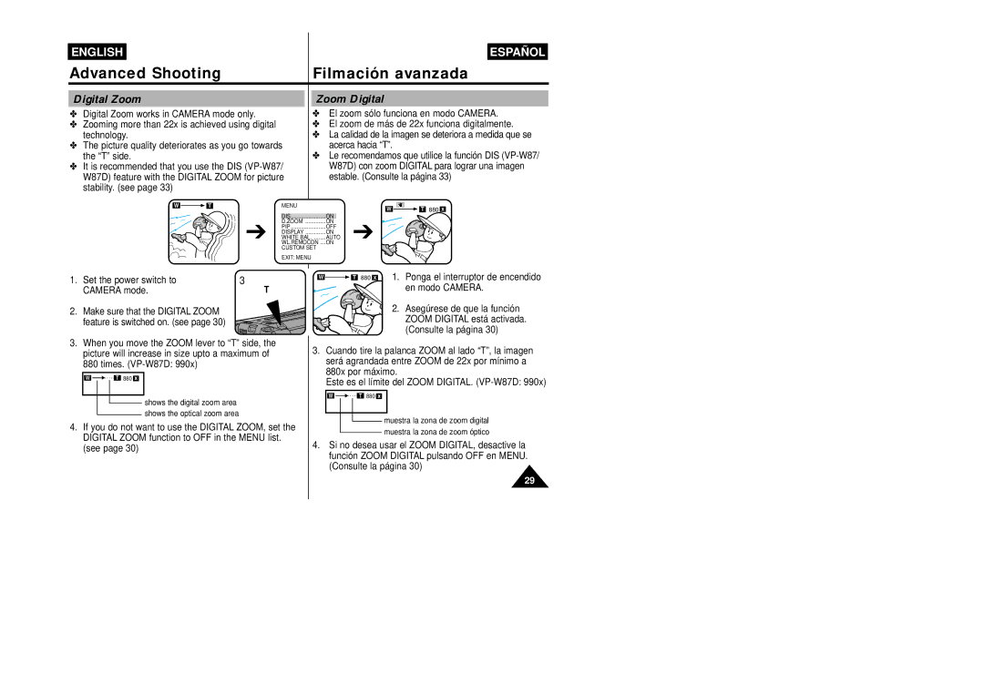 Samsung VP-W87/XEV, VP-W87/SEO manual Advanced Shooting Filmación avanzada, Digital Zoom Zoom Digital 