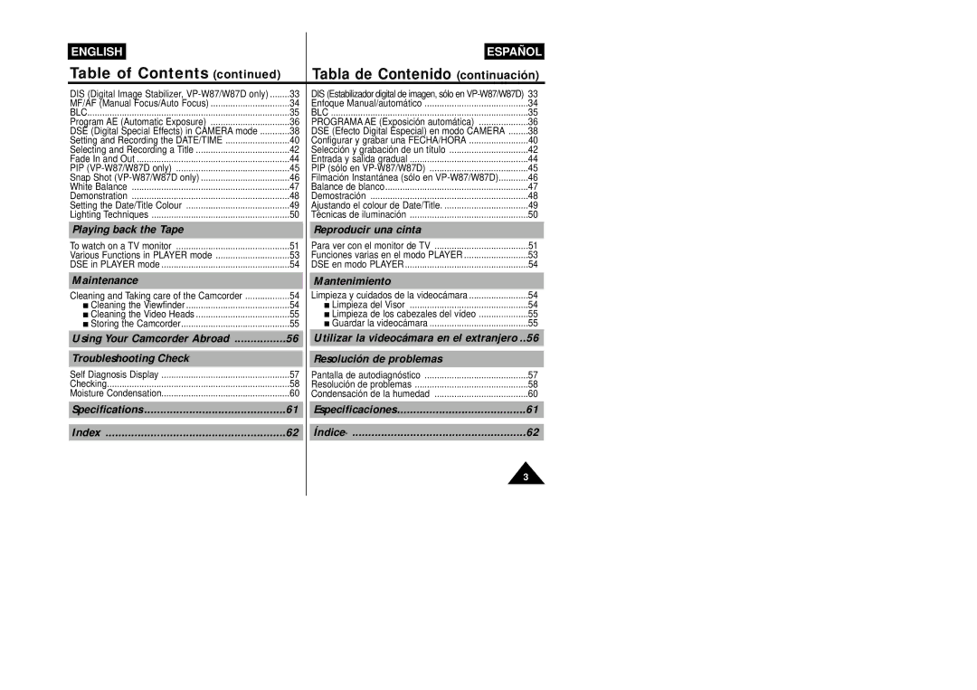 Samsung VP-W87/XEV, VP-W87/SEO manual Table of Contents 