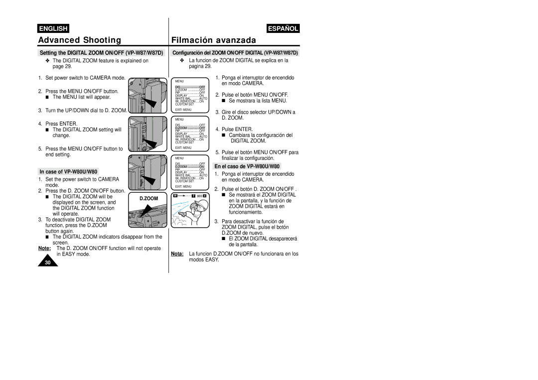 Samsung VP-W87/SEO manual Setting the Digital Zoom ON/OFF VP-W87/W87D, Configuración del Zoom ON/OFF Digital VP-W87/W87D 