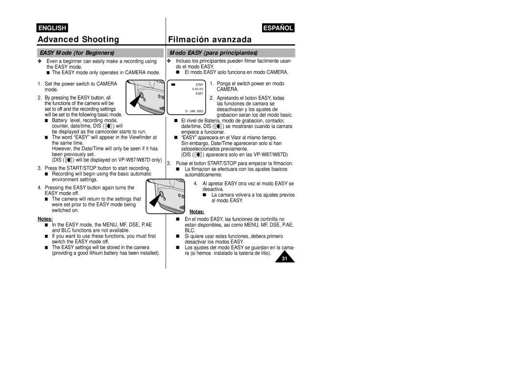 Samsung VP-W87/XEV, VP-W87/SEO manual Easy Mode for Beginners Modo Easy para principiantes, Notas 