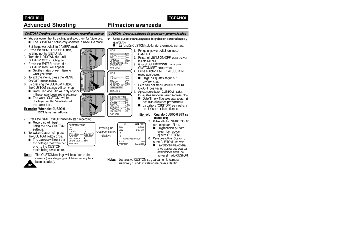 Samsung VP-W87/SEO, VP-W87/XEV manual Example When the Custom, Ejemplo, Ajusta así 