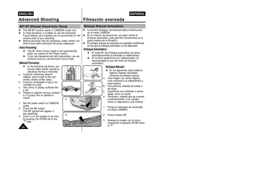 Samsung VP-W87/SEO, VP-W87/XEV manual MF/AF Manual Focus/Auto Focus, Enfoque Manual/Automático 