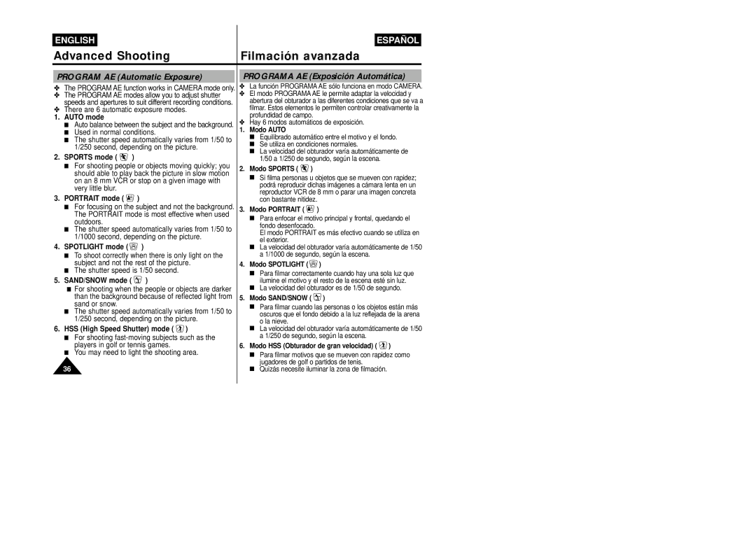 Samsung VP-W87/SEO, VP-W87/XEV manual Program AE Automatic Exposure, Programa AE Exposición Automática 